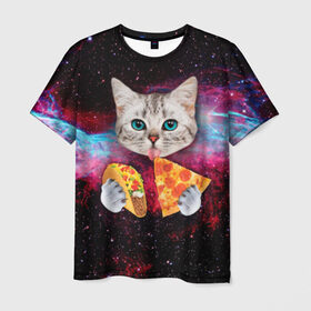 Мужская футболка 3D с принтом Кот с едой в Курске, 100% полиэфир | прямой крой, круглый вырез горловины, длина до линии бедер | Тематика изображения на принте: art | cat | pizza | space | еда | космос | кот | кот в космосе | кот с едой | котенок | котик | пицца