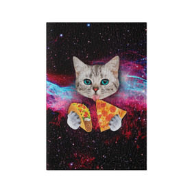 Обложка для паспорта матовая кожа с принтом Кот с едой в Курске, натуральная матовая кожа | размер 19,3 х 13,7 см; прозрачные пластиковые крепления | Тематика изображения на принте: art | cat | pizza | space | еда | космос | кот | кот в космосе | кот с едой | котенок | котик | пицца