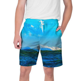 Мужские шорты 3D с принтом Море в Курске,  полиэстер 100% | прямой крой, два кармана без застежек по бокам. Мягкая трикотажная резинка на поясе, внутри которой широкие завязки. Длина чуть выше колен | вода | горы | море | природа | синяя