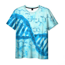 Мужская футболка 3D с принтом ДНК в Курске, 100% полиэфир | прямой крой, круглый вырез горловины, длина до линии бедер | абстракция | биология | днк | молекула | синяя.цепочка | формула