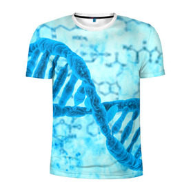 Мужская футболка 3D спортивная с принтом ДНК в Курске, 100% полиэстер с улучшенными характеристиками | приталенный силуэт, круглая горловина, широкие плечи, сужается к линии бедра | абстракция | биология | днк | молекула | синяя.цепочка | формула