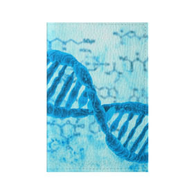 Обложка для паспорта матовая кожа с принтом ДНК в Курске, натуральная матовая кожа | размер 19,3 х 13,7 см; прозрачные пластиковые крепления | Тематика изображения на принте: абстракция | биология | днк | молекула | синяя.цепочка | формула