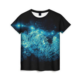 Женская футболка 3D с принтом Молекула в Курске, 100% полиэфир ( синтетическое хлопкоподобное полотно) | прямой крой, круглый вырез горловины, длина до линии бедер | абстракция | биология | днк | молекула | синяя.цепочка | формула
