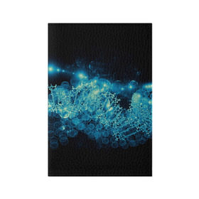 Обложка для паспорта матовая кожа с принтом Молекула в Курске, натуральная матовая кожа | размер 19,3 х 13,7 см; прозрачные пластиковые крепления | Тематика изображения на принте: абстракция | биология | днк | молекула | синяя.цепочка | формула