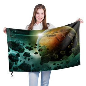 Флаг 3D с принтом Метеориты в Курске, 100% полиэстер | плотность ткани — 95 г/м2, размер — 67 х 109 см. Принт наносится с одной стороны | вселенная | галактика | звёзды | земля | камета | космос | метеориты | метеоры | орбита | планеты | солнце