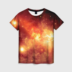 Женская футболка 3D с принтом Пылающий космос в Курске, 100% полиэфир ( синтетическое хлопкоподобное полотно) | прямой крой, круглый вырез горловины, длина до линии бедер | вселенная | вспышка | галактика | звёзды | комета | космос | метеориты | метеоры | огонь | пламя | планеты | свет