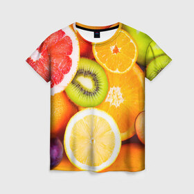 Женская футболка 3D с принтом Фрукты в Курске, 100% полиэфир ( синтетическое хлопкоподобное полотно) | прямой крой, круглый вырез горловины, длина до линии бедер | апельсин | киви | новая | фрукты | цитрус