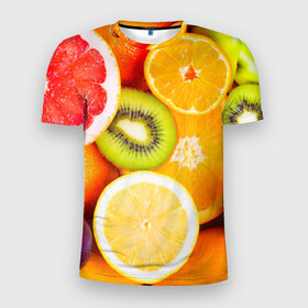 Мужская футболка 3D спортивная с принтом Фрукты в Курске, 100% полиэстер с улучшенными характеристиками | приталенный силуэт, круглая горловина, широкие плечи, сужается к линии бедра | Тематика изображения на принте: апельсин | киви | новая | фрукты | цитрус
