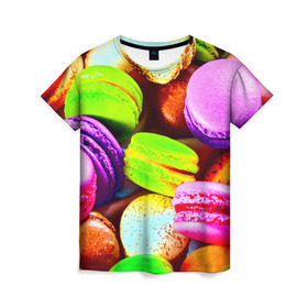 Женская футболка 3D с принтом Макароны в Курске, 100% полиэфир ( синтетическое хлопкоподобное полотно) | прямой крой, круглый вырез горловины, длина до линии бедер | макаруны | печенье | разноцветный