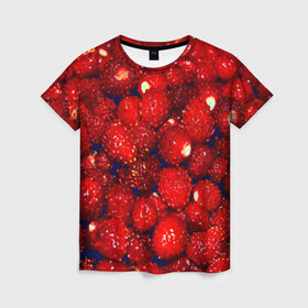 Женская футболка 3D с принтом Земляника в Курске, 100% полиэфир ( синтетическое хлопкоподобное полотно) | прямой крой, круглый вырез горловины, длина до линии бедер | земляника | клубника | красный | лето | природа | ягода