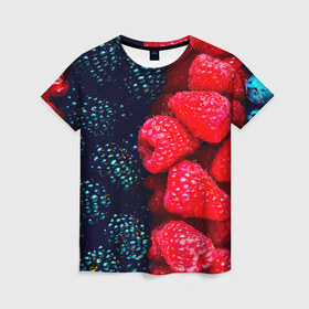 Женская футболка 3D с принтом Ягоды в Курске, 100% полиэфир ( синтетическое хлопкоподобное полотно) | прямой крой, круглый вырез горловины, длина до линии бедер | клубника | красный | лето | природа | ягода
