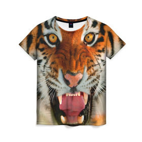 Женская футболка 3D с принтом Амурский тигр в Курске, 100% полиэфир ( синтетическое хлопкоподобное полотно) | прямой крой, круглый вырез горловины, длина до линии бедер | амур | голова | животные | кошка | оскал | тигр