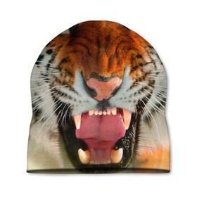 Шапка 3D с принтом Амурский тигр в Курске, 100% полиэстер | универсальный размер, печать по всей поверхности изделия | Тематика изображения на принте: амур | голова | животные | кошка | оскал | тигр