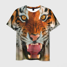 Мужская футболка 3D с принтом Амурский тигр в Курске, 100% полиэфир | прямой крой, круглый вырез горловины, длина до линии бедер | Тематика изображения на принте: амур | голова | животные | кошка | оскал | тигр