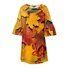 Детское платье 3D с принтом Осень на дворе в Курске, 100% полиэстер | прямой силуэт, чуть расширенный к низу. Круглая горловина, на рукавах — воланы | бордовый | жёлтый | красный | листва | листья