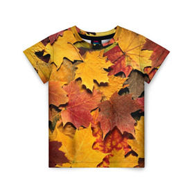 Детская футболка 3D с принтом Осень на дворе в Курске, 100% гипоаллергенный полиэфир | прямой крой, круглый вырез горловины, длина до линии бедер, чуть спущенное плечо, ткань немного тянется | Тематика изображения на принте: бордовый | жёлтый | красный | листва | листья