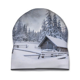 Шапка 3D с принтом Зима в Курске, 100% полиэстер | универсальный размер, печать по всей поверхности изделия | вьюга | горы | зима | лес | метель | мороз | пейзаж | природа | пурга | снег | снегопад | сосулька | стужа | сугроб | холод