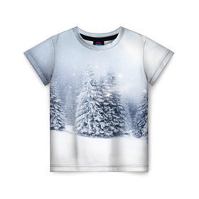 Детская футболка 3D с принтом Зимняя пора в Курске, 100% гипоаллергенный полиэфир | прямой крой, круглый вырез горловины, длина до линии бедер, чуть спущенное плечо, ткань немного тянется | Тематика изображения на принте: вьюга | горы | зима | лес | метель | мороз | пейзаж | пурга | снег | снегопад | сосулька | стужа | сугроб | холод