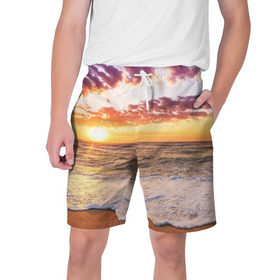 Мужские шорты 3D с принтом Sunset в Курске,  полиэстер 100% | прямой крой, два кармана без застежек по бокам. Мягкая трикотажная резинка на поясе, внутри которой широкие завязки. Длина чуть выше колен | волны | закат | море | небо | океан | рассвет | солнце
