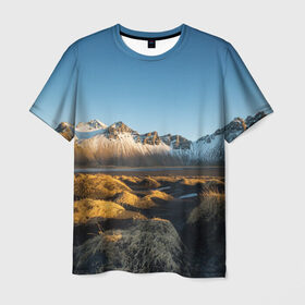 Мужская футболка 3D с принтом Горный хребет в Курске, 100% полиэфир | прямой крой, круглый вырез горловины, длина до линии бедер | Тематика изображения на принте: горы | небо | пейзаж | скалы | хребет