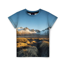 Детская футболка 3D с принтом Горный хребет в Курске, 100% гипоаллергенный полиэфир | прямой крой, круглый вырез горловины, длина до линии бедер, чуть спущенное плечо, ткань немного тянется | горы | небо | пейзаж | скалы | хребет