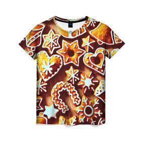Женская футболка 3D с принтом Новогоднее печенье в Курске, 100% полиэфир ( синтетическое хлопкоподобное полотно) | прямой крой, круглый вырез горловины, длина до линии бедер | оранжевый | печенье | сладости | хлебные