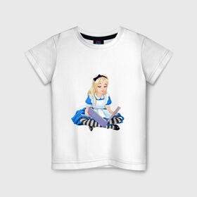 Детская футболка хлопок с принтом Алиса в стране чудес в Курске, 100% хлопок | круглый вырез горловины, полуприлегающий силуэт, длина до линии бедер | алиса | блондинка | в стране чудес | девочка | книга | мультик | сказка