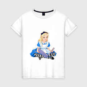 Женская футболка хлопок с принтом Алиса в стране чудес в Курске, 100% хлопок | прямой крой, круглый вырез горловины, длина до линии бедер, слегка спущенное плечо | алиса | блондинка | в стране чудес | девочка | книга | мультик | сказка