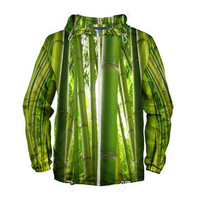 Мужская ветровка 3D с принтом Бамбук в Курске, 100% полиэстер | подол и капюшон оформлены резинкой с фиксаторами, два кармана без застежек по бокам, один потайной карман на груди | Тематика изображения на принте: бамбук | зеленая | растения