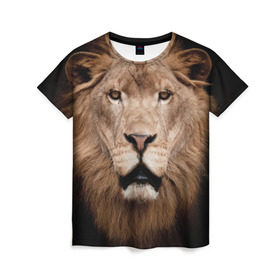 Женская футболка 3D с принтом Царь зверей в Курске, 100% полиэфир ( синтетическое хлопкоподобное полотно) | прямой крой, круглый вырез горловины, длина до линии бедер | власть | дикая кошка | животное | король джунглей | лев | львица | мощь | мудрость | охотник | сила | хитрость | хищник | царь зверей