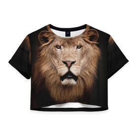 Женская футболка 3D укороченная с принтом Царь зверей в Курске, 100% полиэстер | круглая горловина, длина футболки до линии талии, рукава с отворотами | власть | дикая кошка | животное | король джунглей | лев | львица | мощь | мудрость | охотник | сила | хитрость | хищник | царь зверей