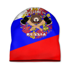 Шапка 3D с принтом Добро пожаловать в Россию в Курске, 100% полиэстер | универсальный размер, печать по всей поверхности изделия | russia | welcome | медведь | россия | хохлома