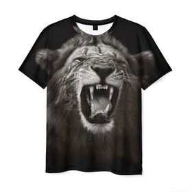 Мужская футболка 3D с принтом Разъярённый лев в Курске, 100% полиэфир | прямой крой, круглый вырез горловины, длина до линии бедер | власть | дикая кошка | животное | король джунглей | лев | львица | мощь | мудрость | охотник | сила | хитрость | хищник | царь зверей
