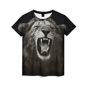 Женская футболка 3D с принтом Разъярённый лев в Курске, 100% полиэфир ( синтетическое хлопкоподобное полотно) | прямой крой, круглый вырез горловины, длина до линии бедер | власть | дикая кошка | животное | король джунглей | лев | львица | мощь | мудрость | охотник | сила | хитрость | хищник | царь зверей