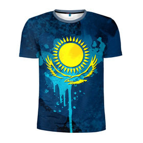 Мужская футболка 3D спортивная с принтом Казахстан в Курске, 100% полиэстер с улучшенными характеристиками | приталенный силуэт, круглая горловина, широкие плечи, сужается к линии бедра | Тематика изображения на принте: казах | казахский | казахстан | национальный | нация | республика | рк | флаг | флаги