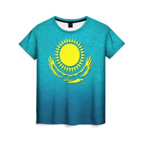 Женская футболка 3D с принтом Флаг Казахстана в Курске, 100% полиэфир ( синтетическое хлопкоподобное полотно) | прямой крой, круглый вырез горловины, длина до линии бедер | казах | казахский | казахстан | национальный | нация | республика | рк | флаг | флаги