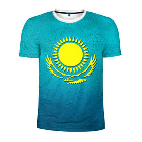 Мужская футболка 3D спортивная с принтом Флаг Казахстана в Курске, 100% полиэстер с улучшенными характеристиками | приталенный силуэт, круглая горловина, широкие плечи, сужается к линии бедра | Тематика изображения на принте: казах | казахский | казахстан | национальный | нация | республика | рк | флаг | флаги