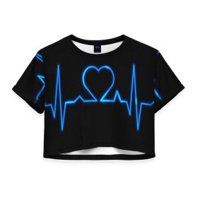 Женская футболка 3D укороченная с принтом Ритм сердца в Курске, 100% полиэстер | круглая горловина, длина футболки до линии талии, рукава с отворотами | ритм | сердце | синяя | черная | электро