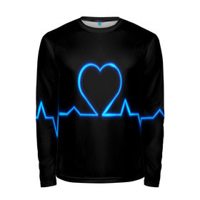 Мужской лонгслив 3D с принтом Ритм сердца в Курске, 100% полиэстер | длинные рукава, круглый вырез горловины, полуприлегающий силуэт | ритм | сердце | синяя | черная | электро