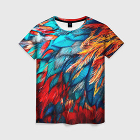 Женская футболка 3D с принтом Перья в Курске, 100% полиэфир ( синтетическое хлопкоподобное полотно) | прямой крой, круглый вырез горловины, длина до линии бедер | красный | текстура | цветной | яркий
