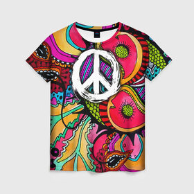 Женская футболка 3D с принтом Хиппи 2 в Курске, 100% полиэфир ( синтетическое хлопкоподобное полотно) | прямой крой, круглый вырез горловины, длина до линии бедер | hippie | peace | пацифик | хиппи
