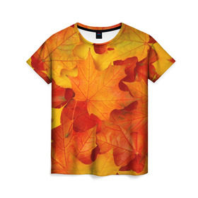 Женская футболка 3D с принтом Кленовые листья в Курске, 100% полиэфир ( синтетическое хлопкоподобное полотно) | прямой крой, круглый вырез горловины, длина до линии бедер | Тематика изображения на принте: дары осени | жёлтый | золотой | клён | краски | красный | красота | листва | листья | наряд | оранжевый | осень | покров | природа