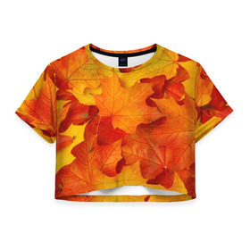 Женская футболка 3D укороченная с принтом Кленовые листья в Курске, 100% полиэстер | круглая горловина, длина футболки до линии талии, рукава с отворотами | дары осени | жёлтый | золотой | клён | краски | красный | красота | листва | листья | наряд | оранжевый | осень | покров | природа
