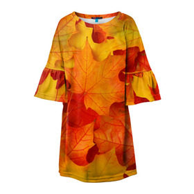 Детское платье 3D с принтом Кленовые листья в Курске, 100% полиэстер | прямой силуэт, чуть расширенный к низу. Круглая горловина, на рукавах — воланы | дары осени | жёлтый | золотой | клён | краски | красный | красота | листва | листья | наряд | оранжевый | осень | покров | природа