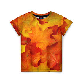 Детская футболка 3D с принтом Кленовые листья в Курске, 100% гипоаллергенный полиэфир | прямой крой, круглый вырез горловины, длина до линии бедер, чуть спущенное плечо, ткань немного тянется | дары осени | жёлтый | золотой | клён | краски | красный | красота | листва | листья | наряд | оранжевый | осень | покров | природа