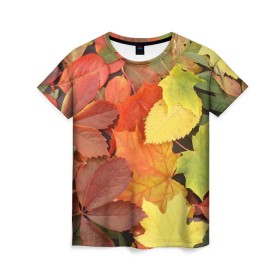 Женская футболка 3D с принтом Осенние листья в Курске, 100% полиэфир ( синтетическое хлопкоподобное полотно) | прямой крой, круглый вырез горловины, длина до линии бедер | жёлтый | красный | листва | оранжевый | осень