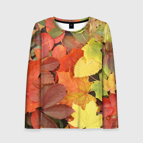 Женский лонгслив 3D с принтом Осенние листья в Курске, 100% полиэстер | длинные рукава, круглый вырез горловины, полуприлегающий силуэт | жёлтый | красный | листва | оранжевый | осень