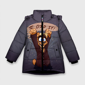 Зимняя куртка для девочек 3D с принтом Five Nights At Freddys в Курске, ткань верха — 100% полиэстер; подклад — 100% полиэстер, утеплитель — 100% полиэстер. | длина ниже бедра, удлиненная спинка, воротник стойка и отстегивающийся капюшон. Есть боковые карманы с листочкой на кнопках, утяжки по низу изделия и внутренний карман на молнии. 

Предусмотрены светоотражающий принт на спинке, радужный светоотражающий элемент на пуллере молнии и на резинке для утяжки. | 5 ночей с фредди | 5 ночей с фреди | 5 ночей у фредди | 5 ночей у фреди | five nights at freddys | fnaf | фнаф | фредди | фреди