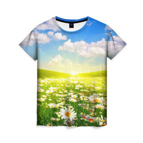 Женская футболка 3D с принтом Ромашки в Курске, 100% полиэфир ( синтетическое хлопкоподобное полотно) | прямой крой, круглый вырез горловины, длина до линии бедер | поле | природа | ромашка | цветы