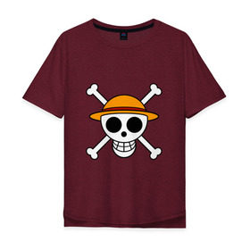 Мужская футболка хлопок Oversize с принтом Весёлый Роджер Мугивар в Курске, 100% хлопок | свободный крой, круглый ворот, “спинка” длиннее передней части | аниме | большой куш | ван пис | кости | луффи | мугивара | пираты | соломенная | череп | шляпа